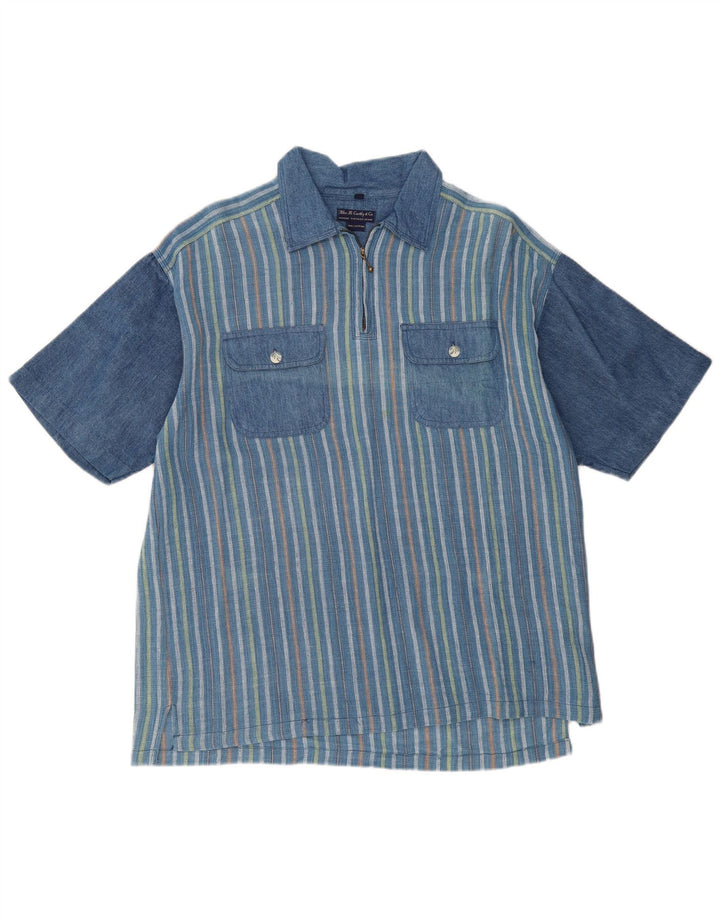 VINTAGE Mens Loose Fit Short Sleeve Pullover Shirt Medium Blue Striped