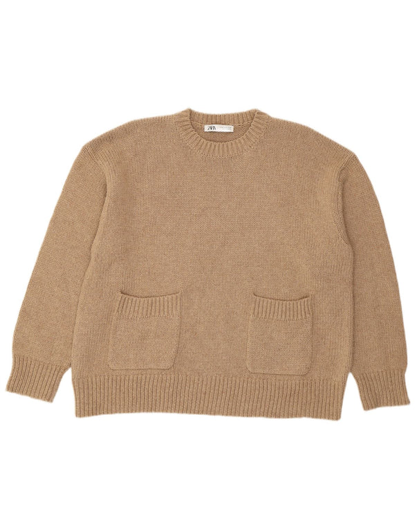 Zara Womens Loose Fit Crew Neck Jumper Sweater UK 18 XL Beige Polyester