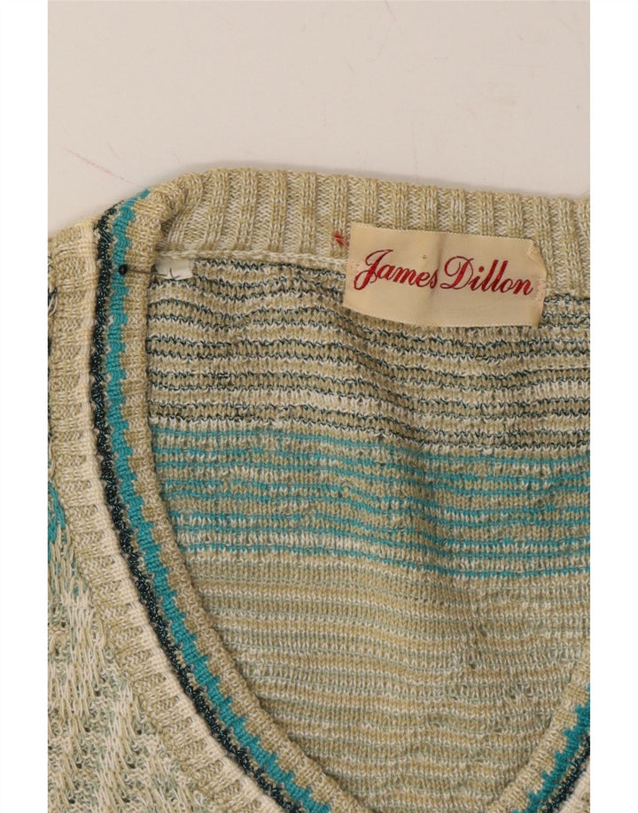 JAMES DILLON Mens V-Neck Jumper Sweater Large Green Striped Vintage James Dillon and Second-Hand James Dillon from Messina Hembry 