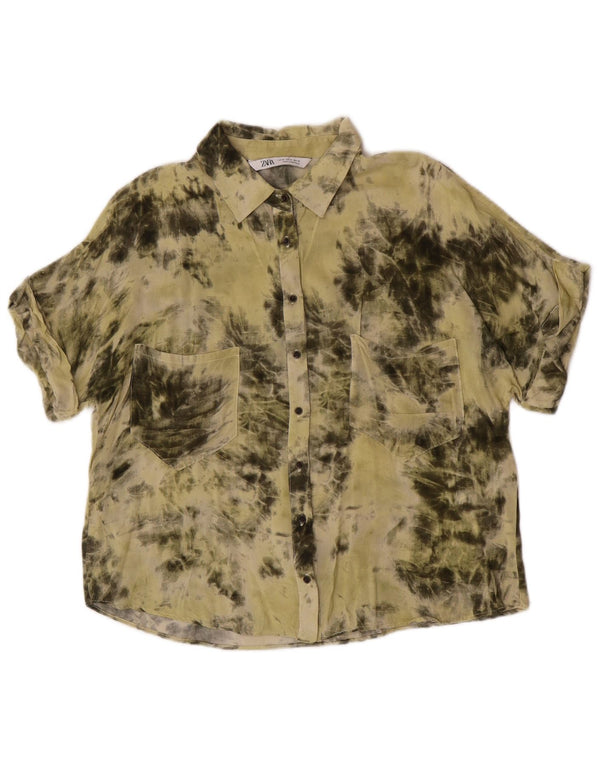 Zara Womens Short Sleeve Shirt Blouse UK 14 Medium Khaki Tie Dye Viscose