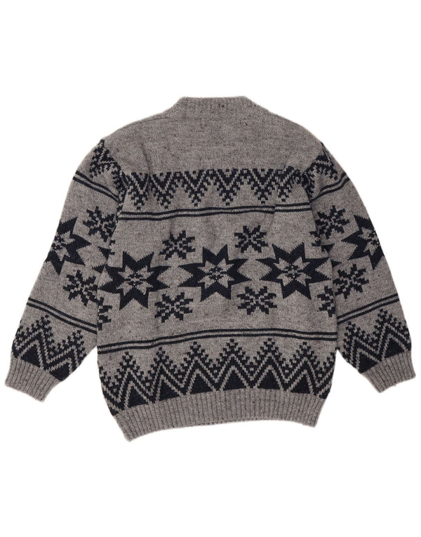 Vintage Mens Crew Neck Jumper Sweater Medium Grey Fair Isle Polyacrylic