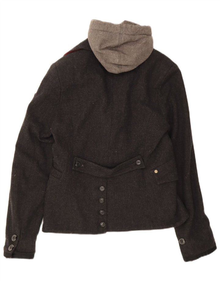 Superdry Womens 2 Button Hooded Blazer Jacket UK 12 Medium Grey Herringbone
