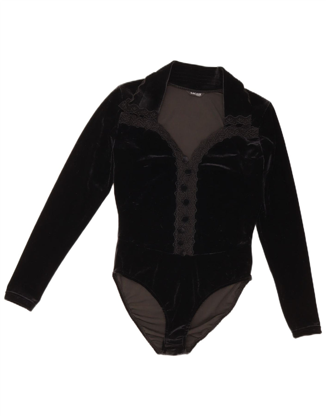 SAGAIE Womens Long Sleeve Velvet Bodysuit UK 12 Medium Black Polyester