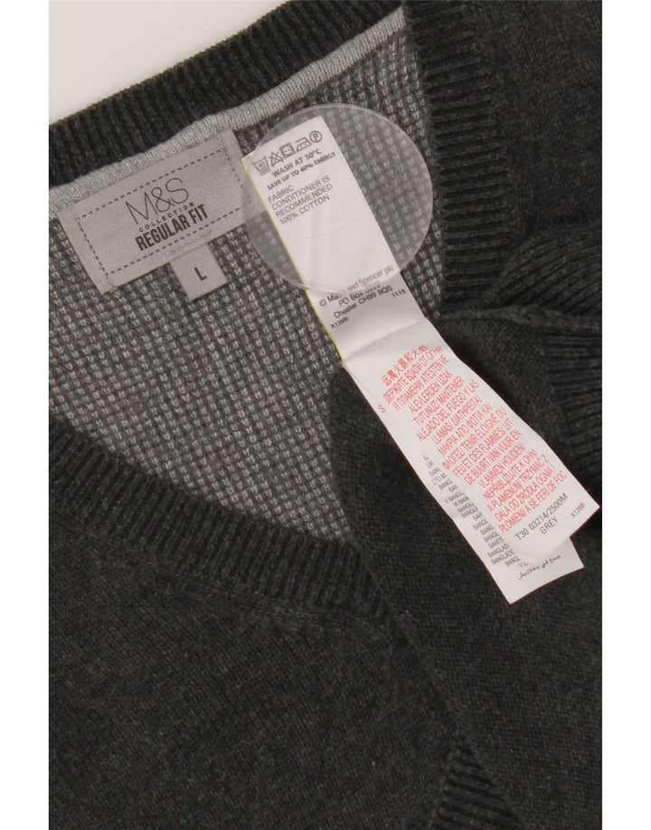 Marks & Spencer Mens Regular Fit V-Neck Jumper Sweater Large Grey Cotton