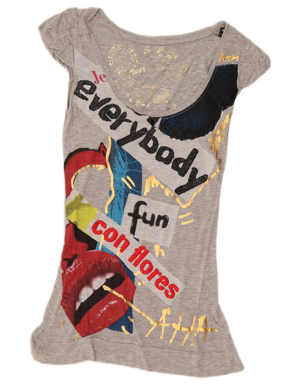 Desigual Womens Graphic Tunic Top UK 12 Medium Grey Viscose