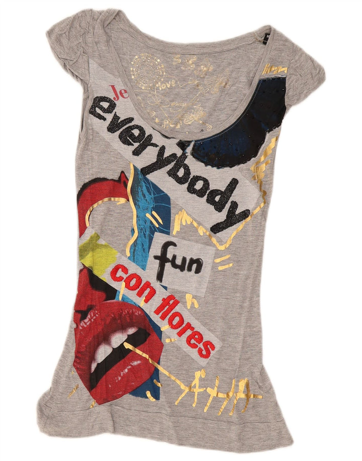 Desigual Womens Graphic Tunic Top UK 12 Medium Grey Viscose