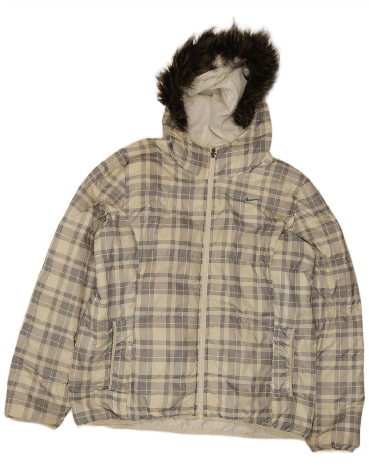 Nike Mens Hooded Reversible Padded Jacket UK 44 2XL White Check Polyester