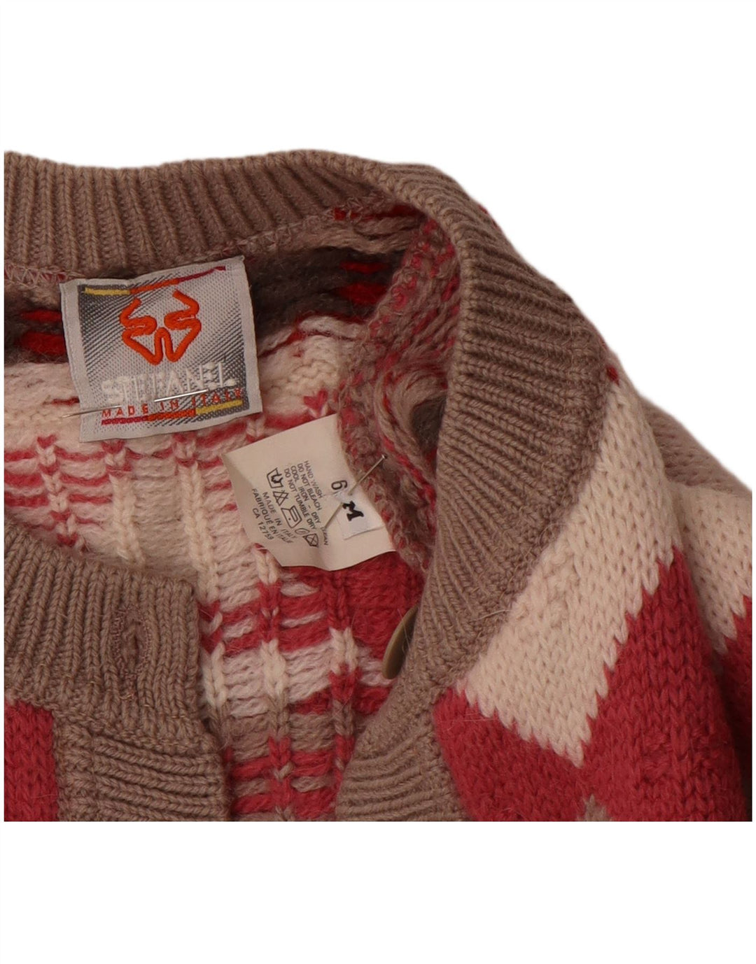 Stefanel Womens Loose Fit Cardigan Sweater UK 14 Medium Red Geometric Wool