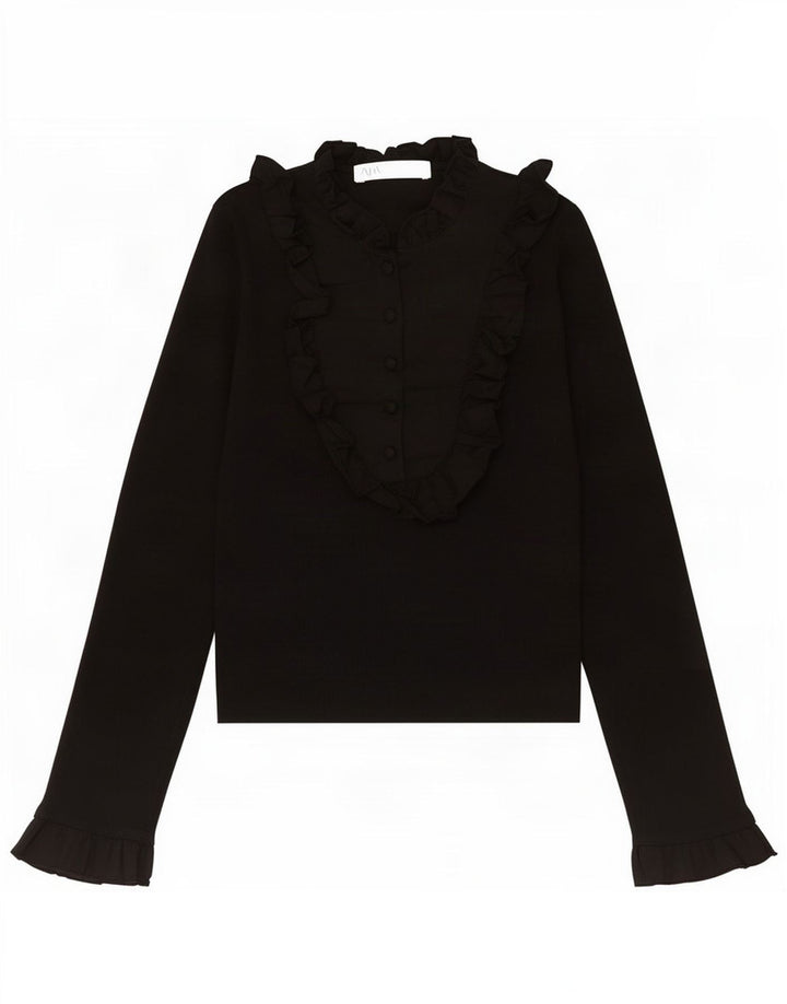 Zara Womens Ruffle Front Pullover Shirt UK 8 Small Black Nylon