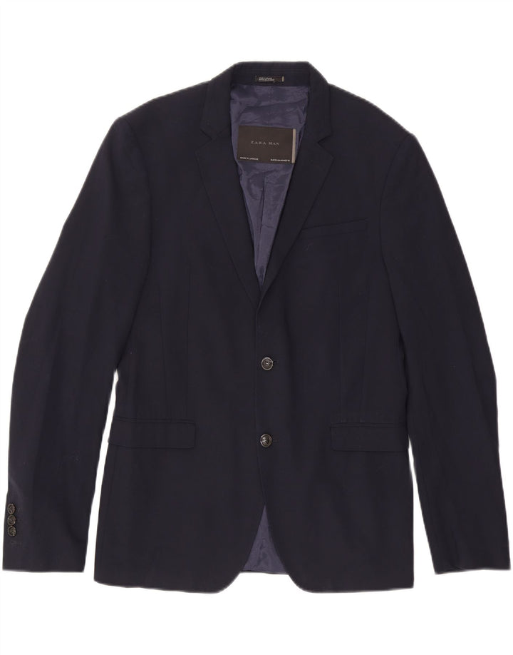 Zara Mens 2 Button Blazer Jacket EU 50 Medium Navy Blue Polyester