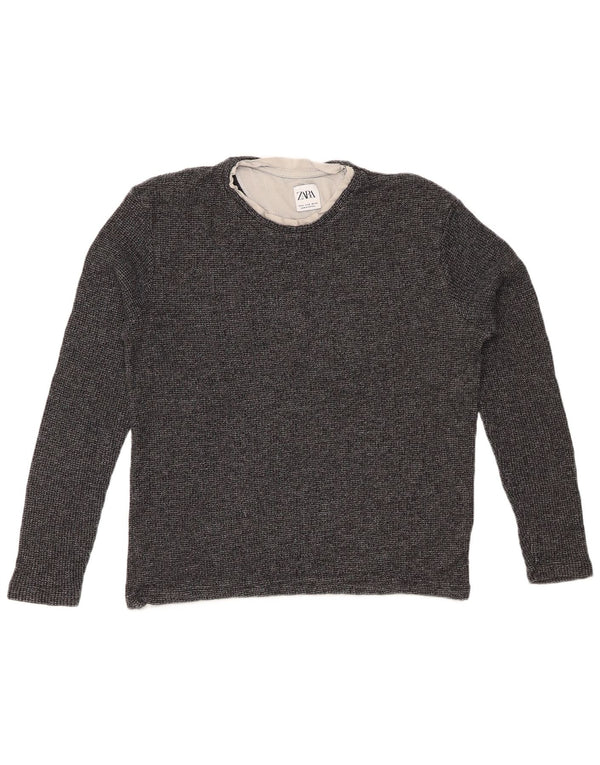 ZARA Womens Top Long Sleeve UK 14 Medium Grey Flecked Cotton