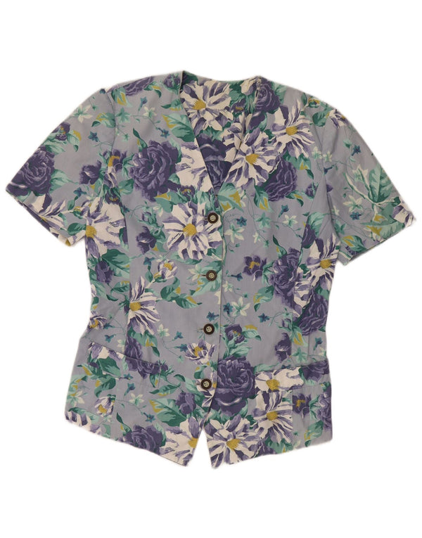 VINTAGE Womens Short Sleeve Shirt Blouse UK 14 Large Blue Floral