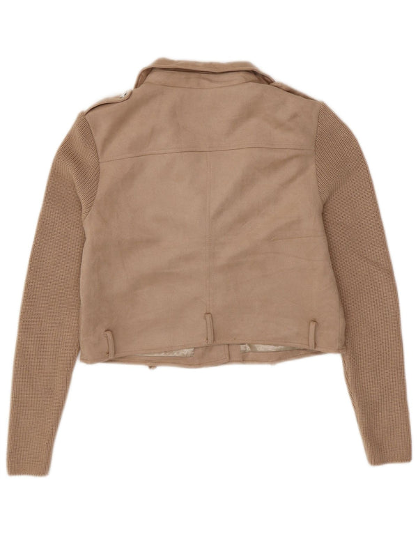GUESS Womens Crop Knit Biker Jacket UK 16 Large Beige