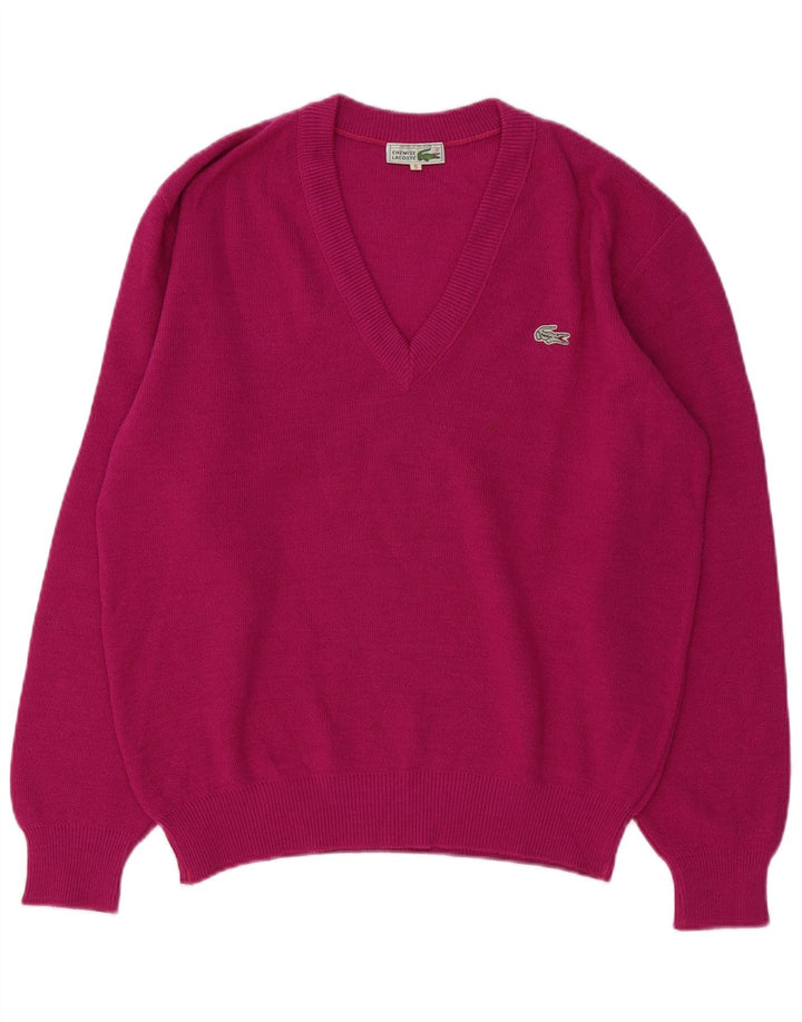 LACOSTE Mens V-Neck Jumper Sweater Size 5 Large Pink Wool