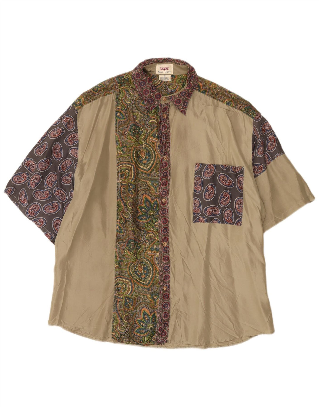Sisley Mens Short Sleeve Shirt Medium Beige Paisley Silk