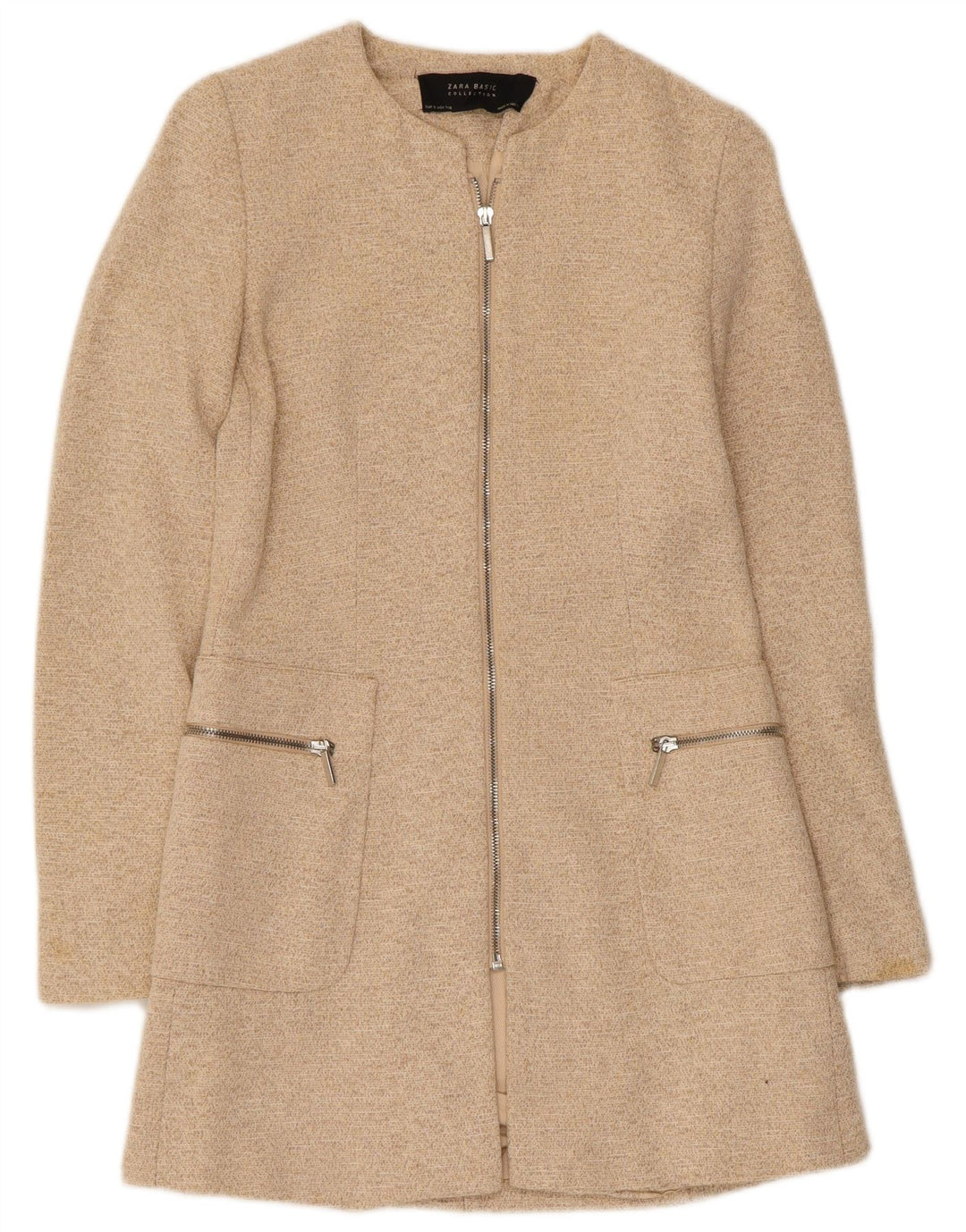 Zara Womens Longline Full Zip Blazer Jacket UK 8 Small Beige Flecked