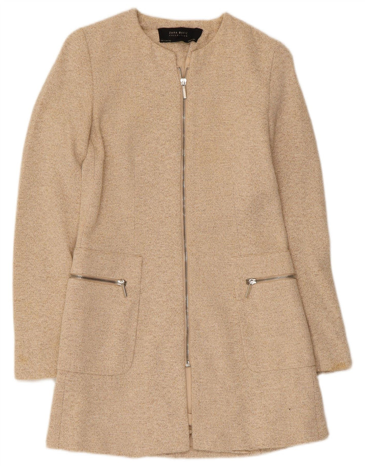 Zara Womens Longline Full Zip Blazer Jacket UK 8 Small Beige Flecked