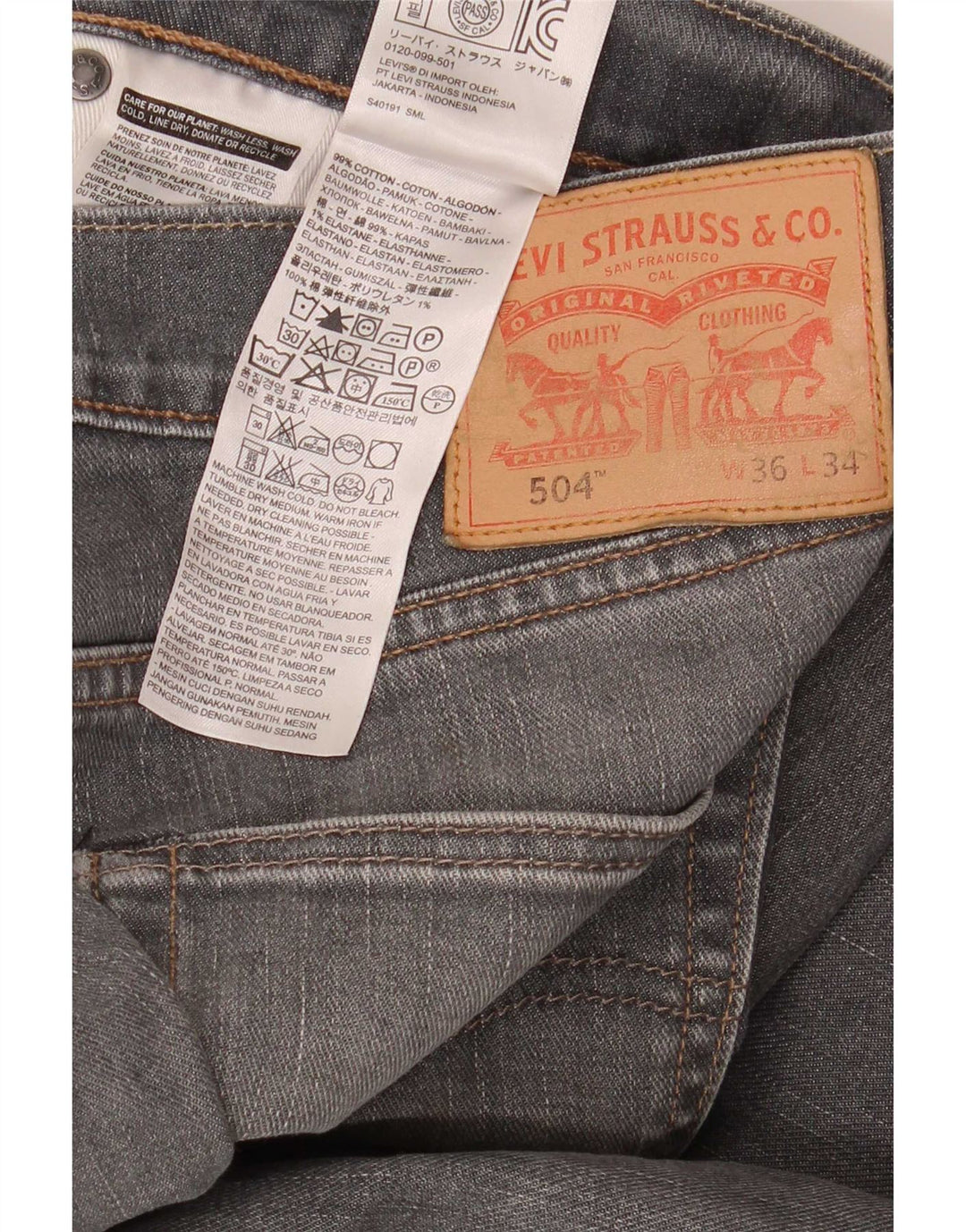 Levi's Mens 504 Straight Jeans W36 L34 Grey Cotton