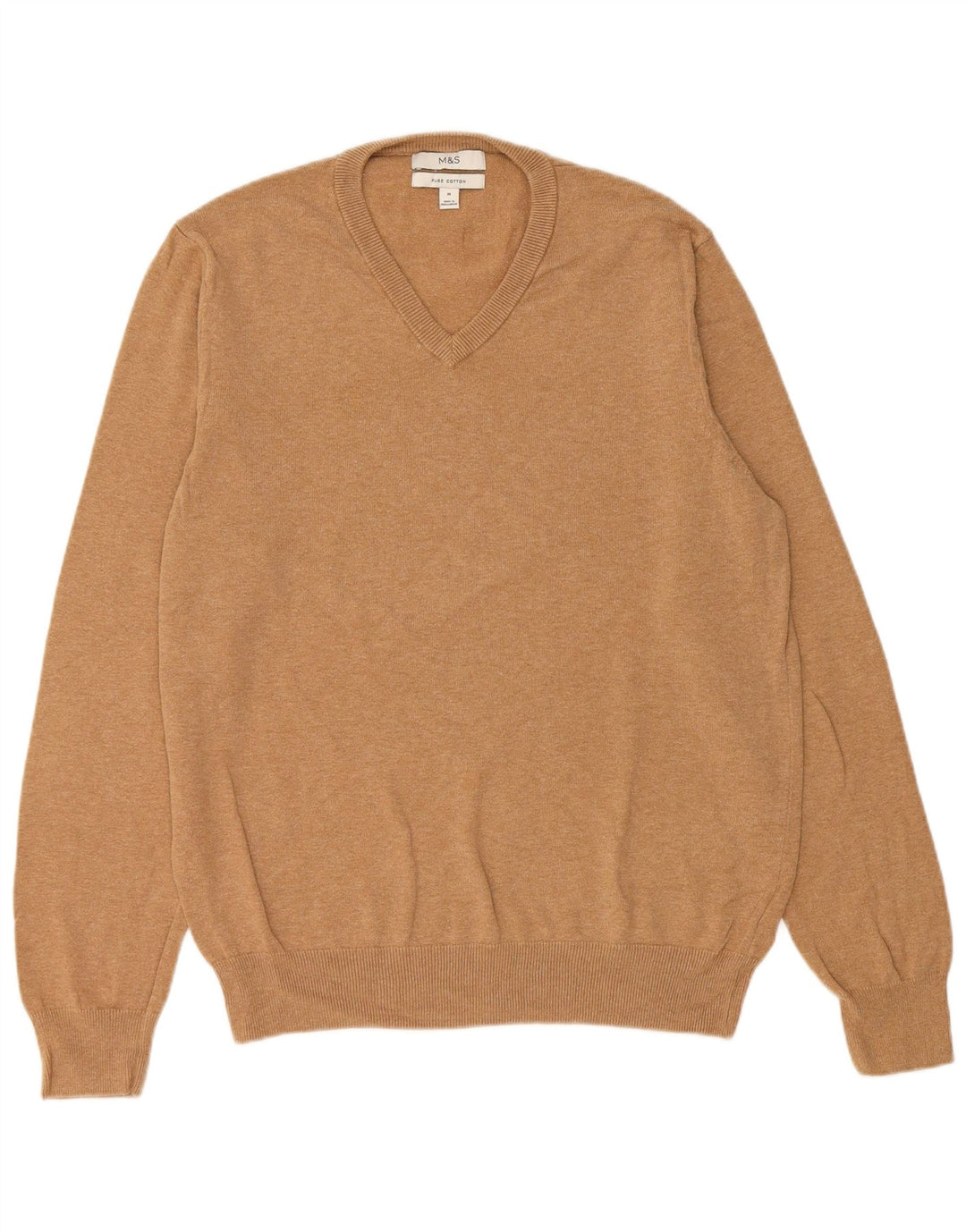 MARKS & SPENCER Mens V-Neck Jumper Sweater Medium Beige Cotton