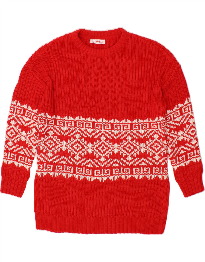 JOHN BANER Mens Crew Neck Jumper Sweater Large Red Fair Isle Polyester Vintage John Baner and Second-Hand John Baner from Messina Hembry 