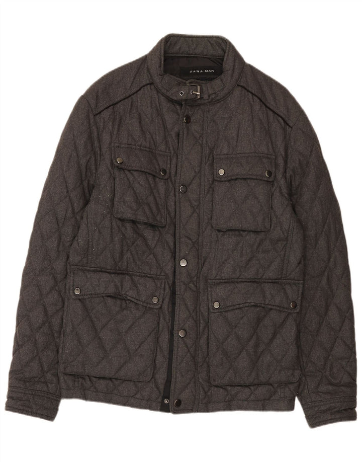 Zara Mens Quilted Jacket UK 40 Large Grey Polyester