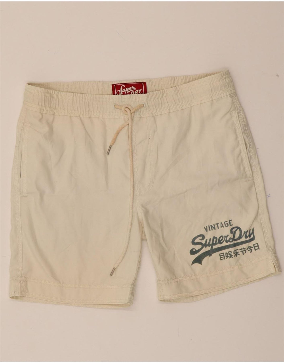 SUPERDRY Mens Graphic Swimming Shorts Small Off White Polyester Vintage Superdry and Second-Hand Superdry from Messina Hembry 
