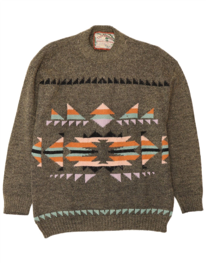 Vintage Mens Crew Neck Jumper Sweater Medium Khaki Fair Isle