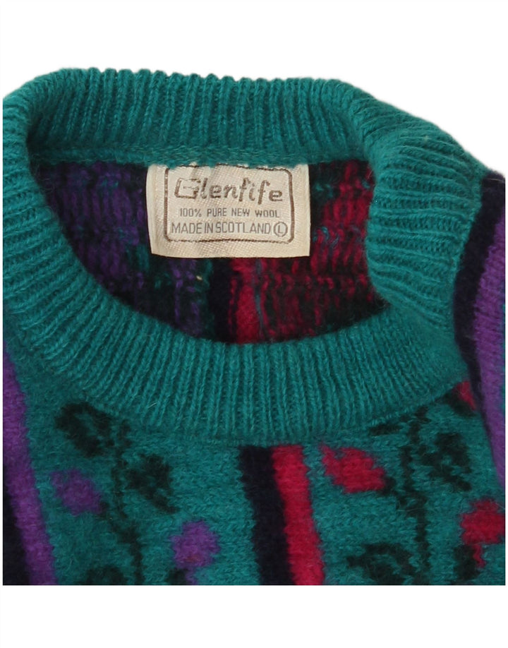 VINTAGE Womens Crew Neck Jumper Sweater UK 16 Large Turquoise Floral Wool