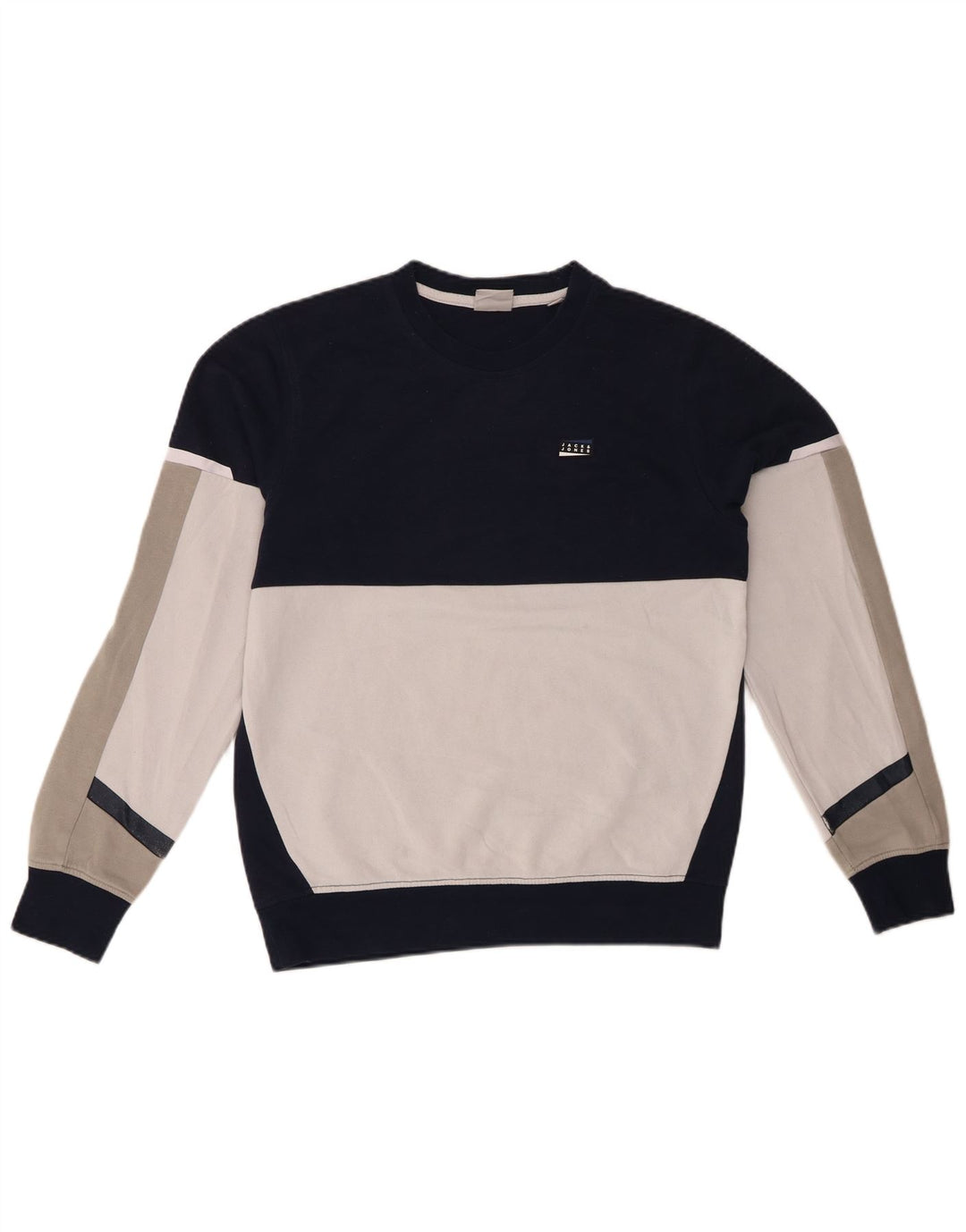 JACK & JONES Mens Sweatshirt Jumper Small Navy Blue Colourblock Cotton