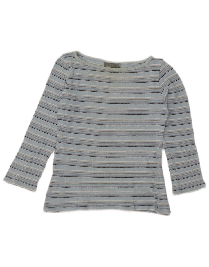 Zara Womens Crop Top 3/4 Sleeve UK 12 Medium Blue Striped