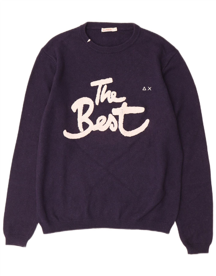 Sun68 Mens Graphic Crew Neck Jumper Sweater Medium Navy Blue Wool