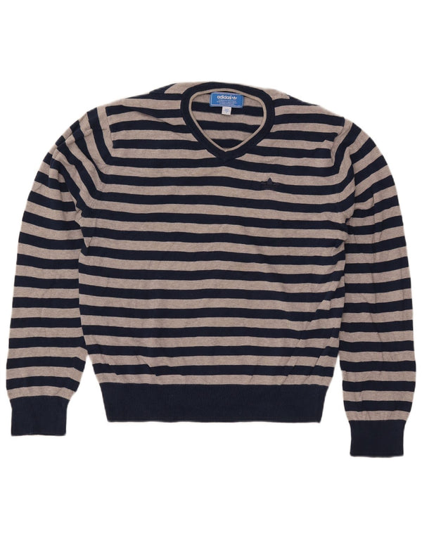 ADIDAS Mens V-Neck Jumper Sweater Small Navy Blue Striped Cotton