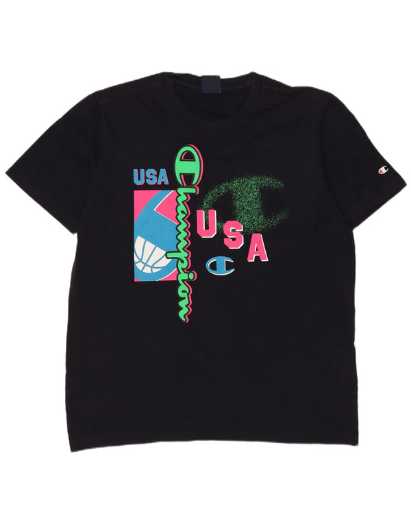 Champion Mens Graphic T-Shirt Top Medium Navy Blue Cotton