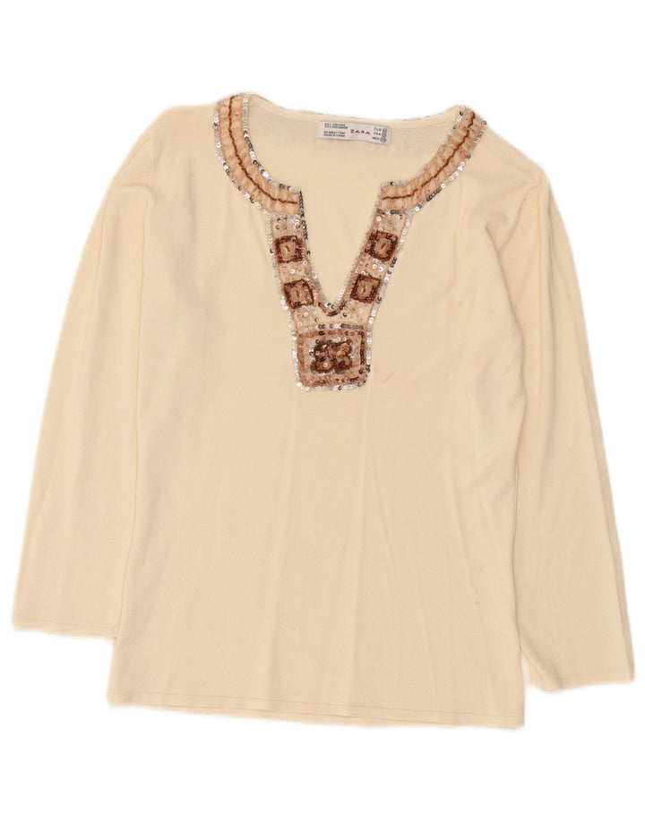 Zara Womens Top Long Sleeve UK 12 Medium Beige Viscose