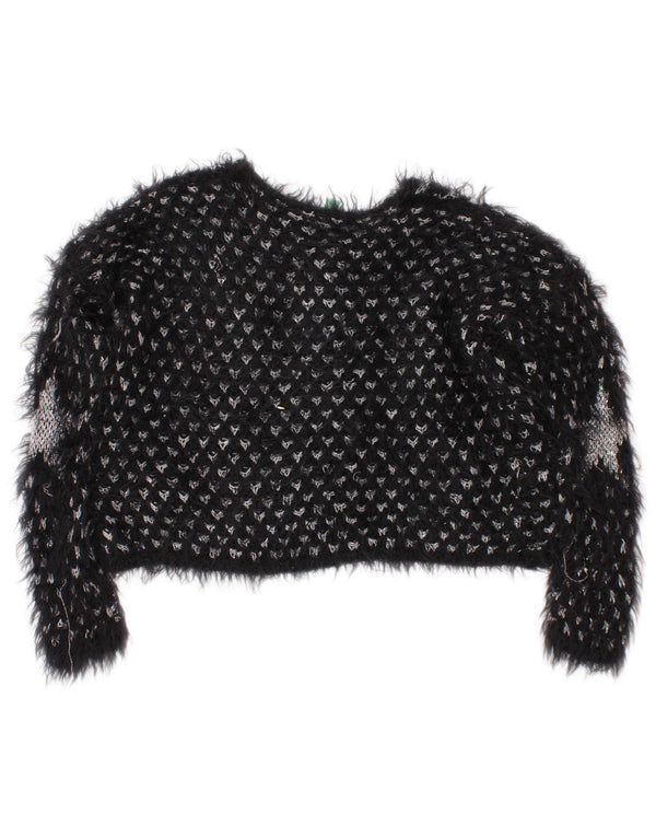 Benetton Girls Crop Cardigan Sweater 4-5 Years XS Black Geometric Acrylic