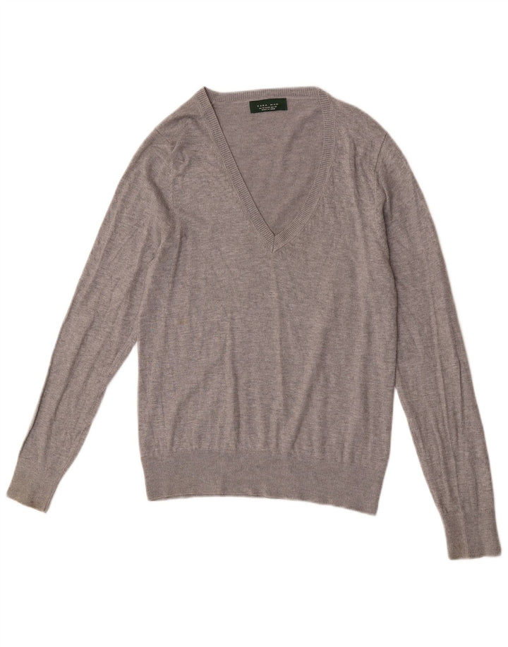 Zara Mens V-Neck Jumper Sweater Medium Grey Flecked