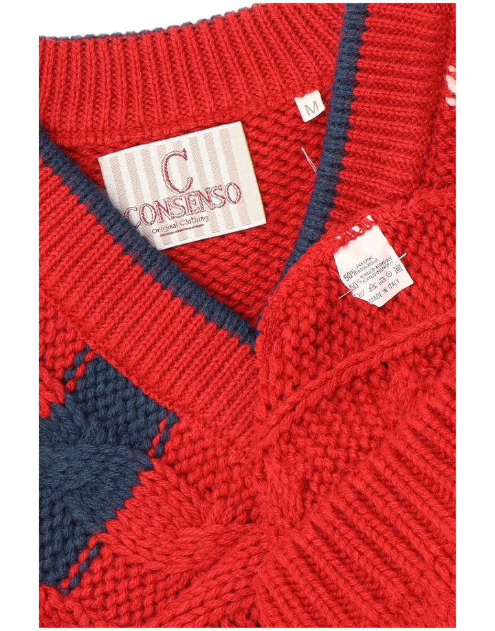 Consenso Mens Graphic V-Neck Jumper Sweater Medium Red Colourblock Wool