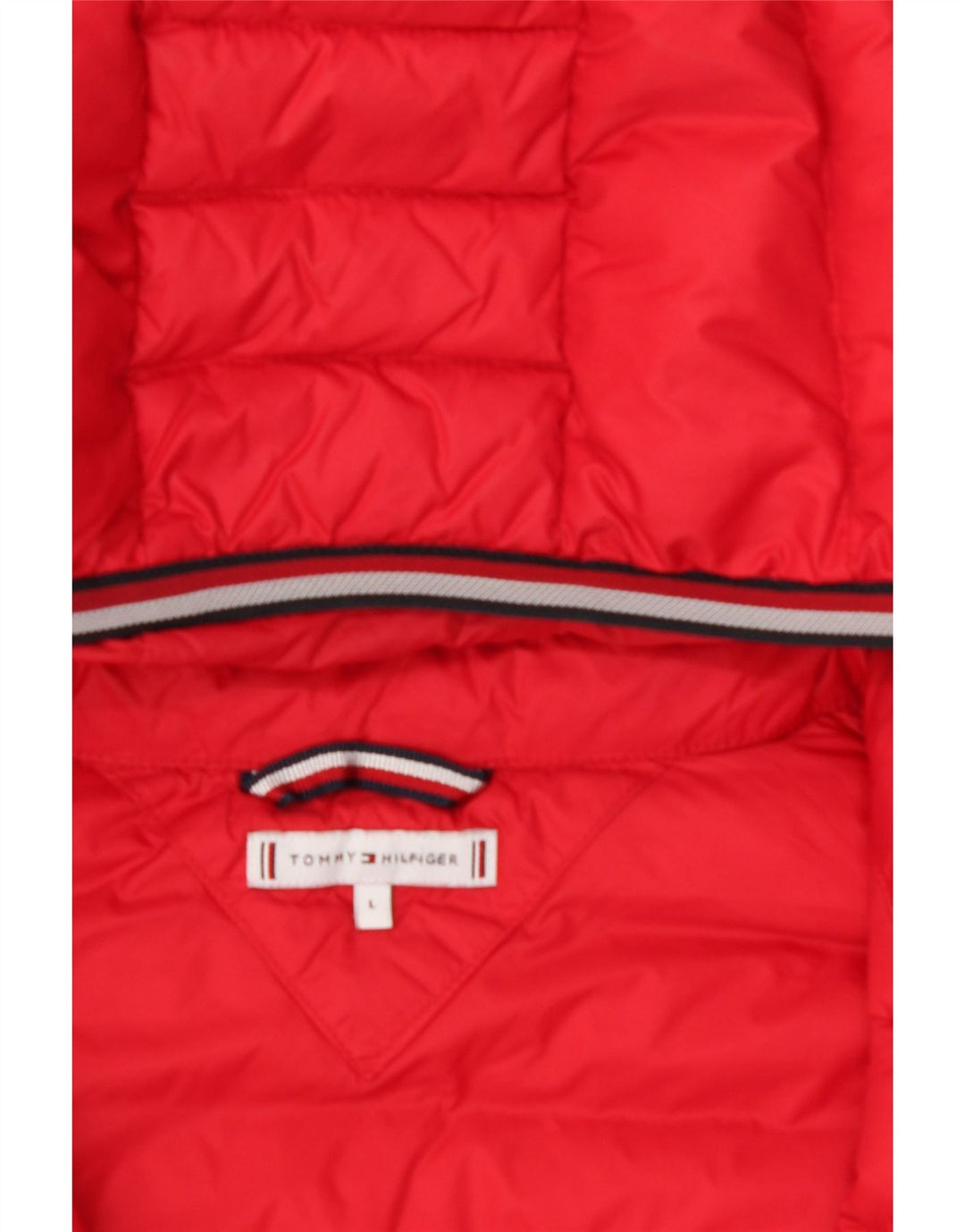 TOMMY HILFIGER Womens Oversized Hooded Padded Jacket UK 16 Large Red Vintage Tommy Hilfiger and Second-Hand Tommy Hilfiger from Messina Hembry 