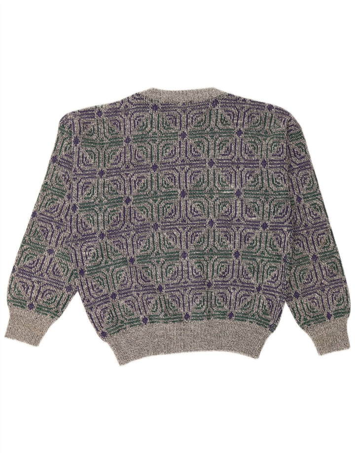 I LEVRIERI Mens Crew Neck Jumper Sweater Medium Grey Geometric Polyacrylic