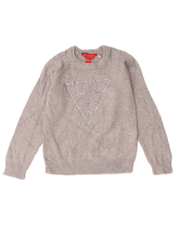 GUESS Girls Graphic Crew Neck Jumper Sweater 3-4 Years Grey Viscose