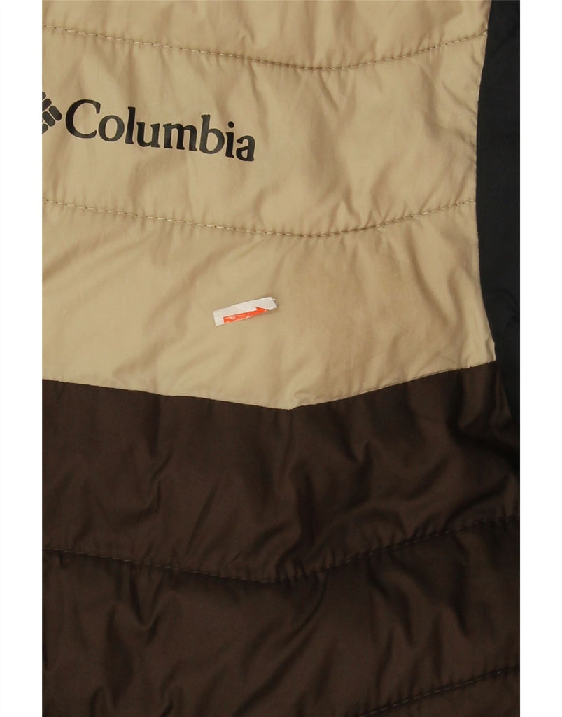 COLUMBIA Mens Hooded Padded Jacket UK 36 Small Brown Colourblock Polyester Vintage Columbia and Second-Hand Columbia from Messina Hembry 