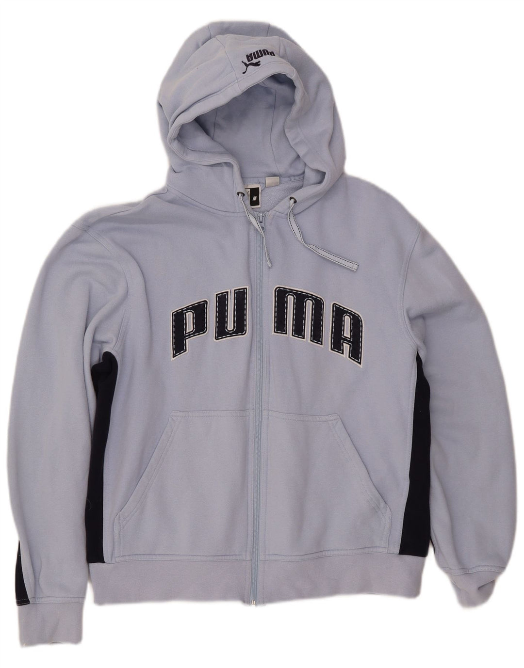 PUMA Womens Graphic Hoodie Jumper UK 14 Medium Blue Colourblock Cotton
