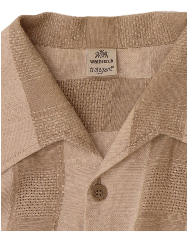 WALBUSCH Mens Short Sleeve Shirt Size 39/40 Medium Beige Striped Linen