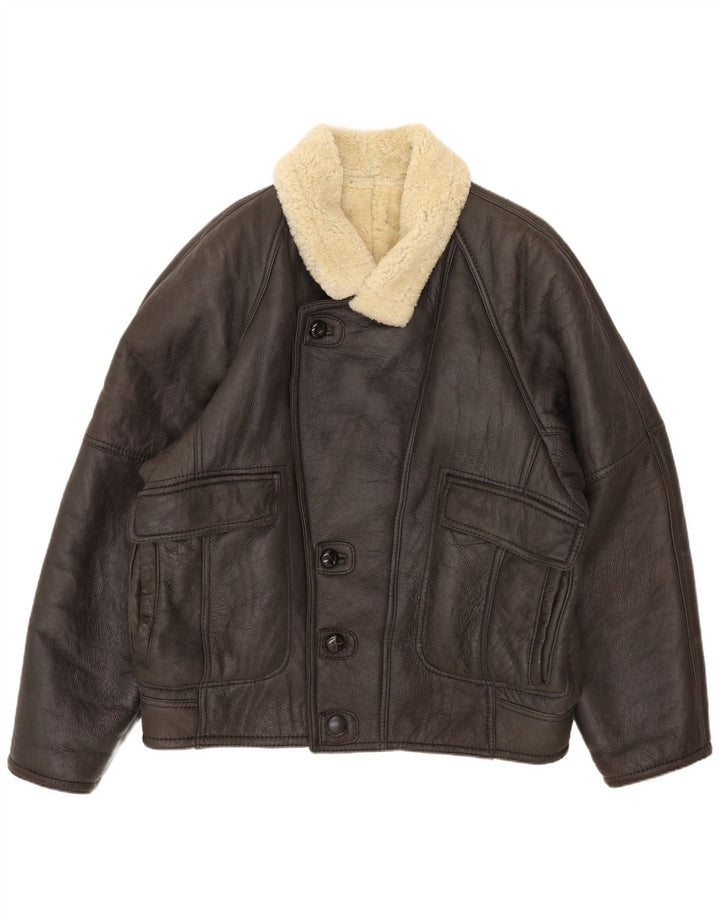 Vintage Mens Shearling Jacket IT 52 XL Brown Leather