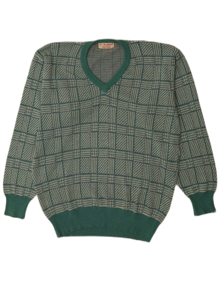St. Andrews Mens V-Neck Jumper Sweater Large Green Houndstooth