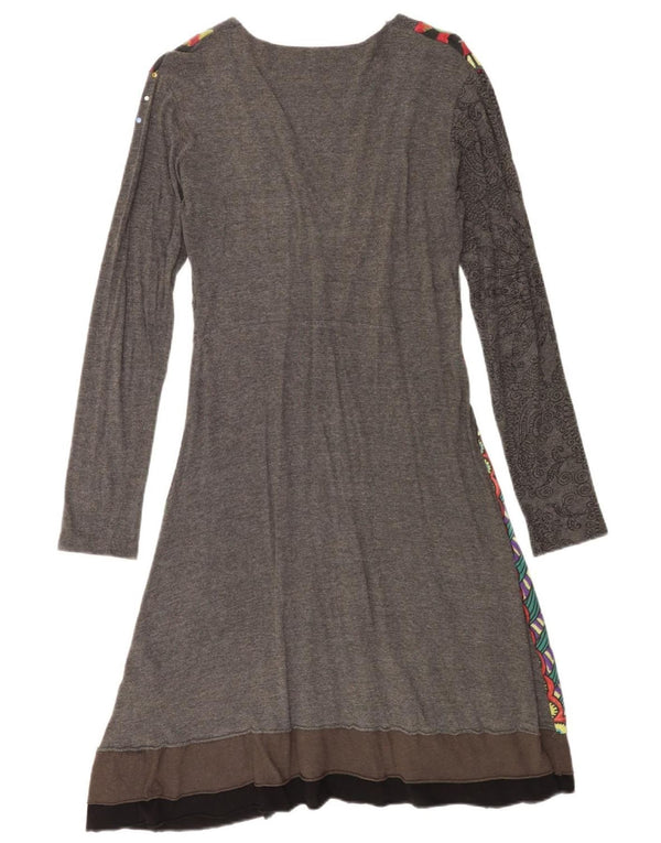 Desigual Womens Long Sleeve A-Line Dress UK 14 Large Grey Paisley Cotton