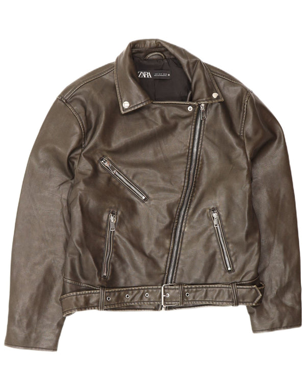 Zara Womens Leather Oversized Biker Jacket UK 10 Small Brown Polyester