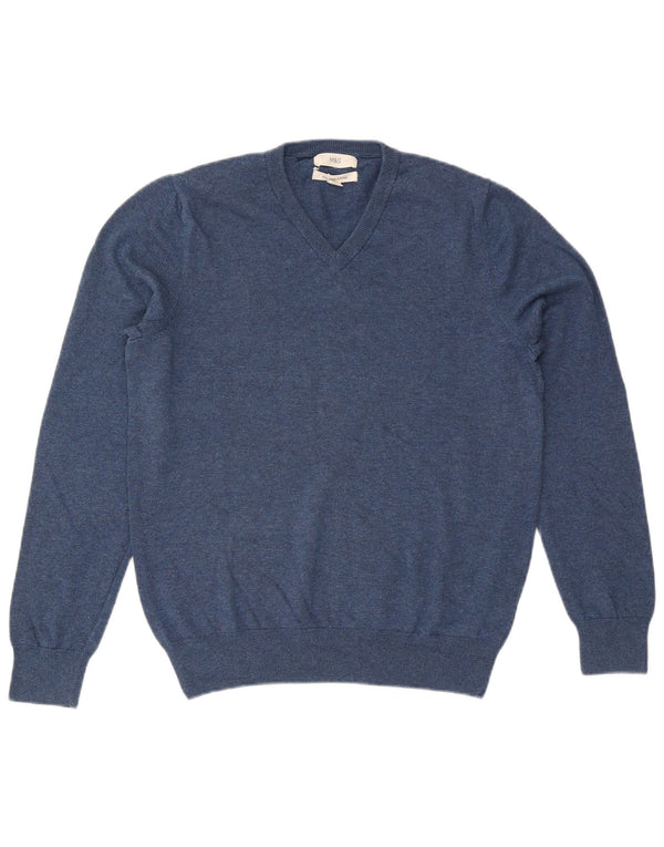 Marks & Spencer Mens V-Neck Jumper Sweater Medium Blue Cotton