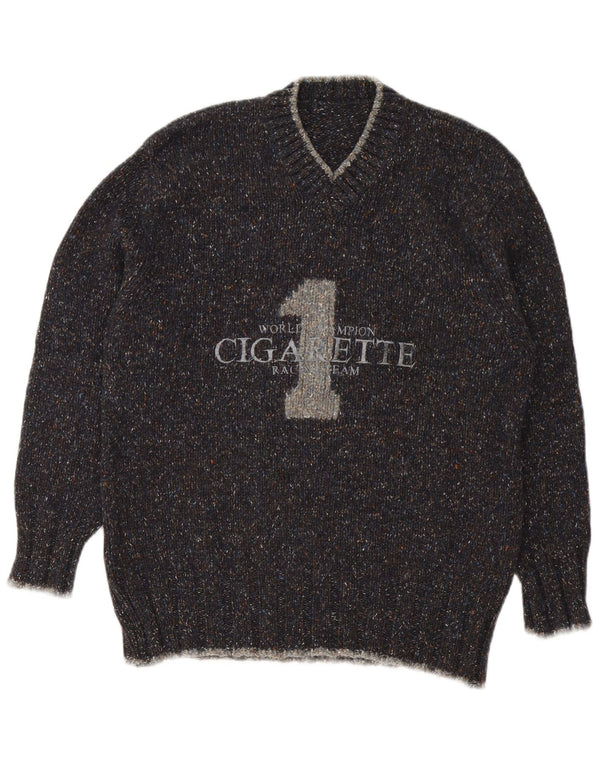 Vintage Mens Cigarette Graphic V-Neck Jumper Sweater Medium Grey Flecked