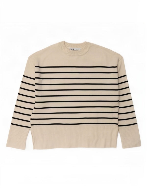 Zara Womens Crew Neck Jumper Sweater UK 10 Small Off White Striped